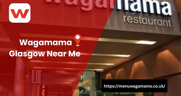 Exterior view of a Wagamama restaurant in Glasgow with a sign reading 'Wagamama restaurant' and a callout for 'Wagamama Glasgow Near Me'.
